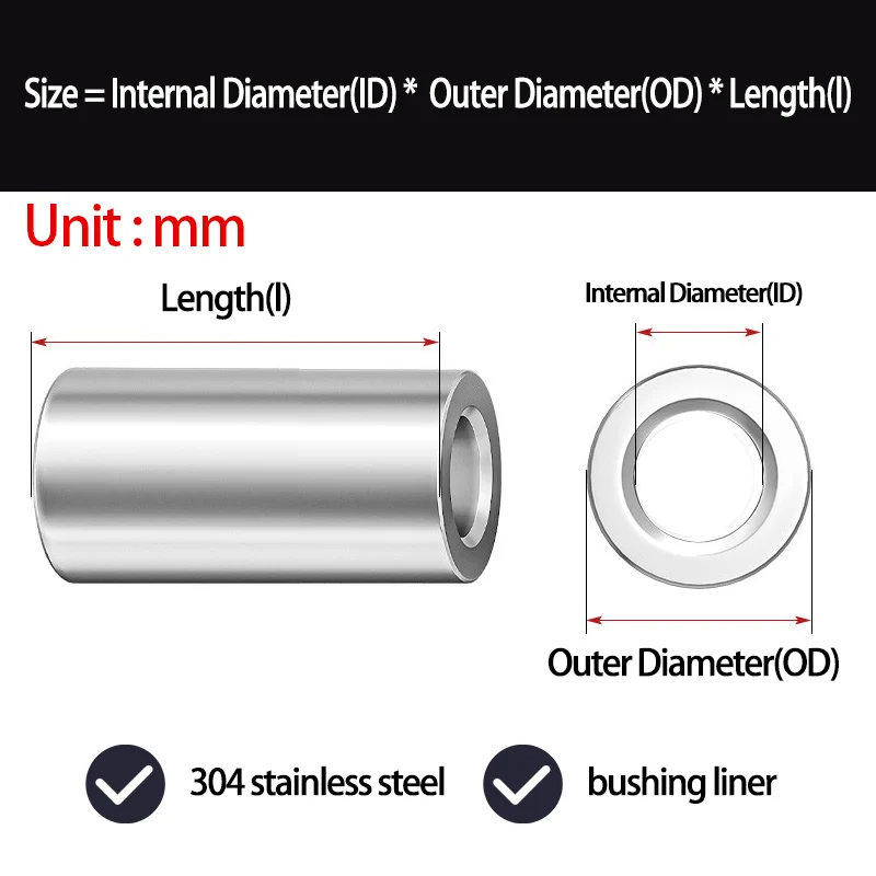 304 Stainless Steel Bushing Non-Threaded Cylindrical 5Pcs Sleeve Round Hollow Spacer Tube for Shaft Support Bolts OD 8 9 10 12