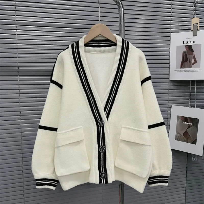 DAYIFUN-2023 New Autumn/Winter Sweater,Women,Lazy Style Spliced Pocket Design Sweater,Imitation Mink Fleece,Knitted Cardigan,Top