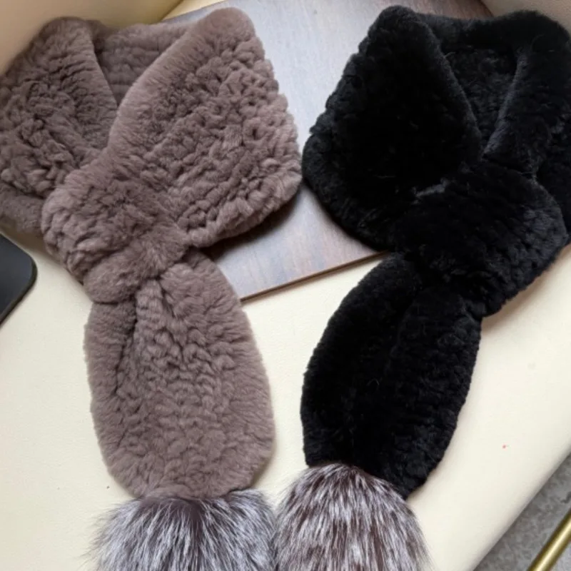 Luxury Rex Rabbit Fur Scarf With Fox Pompoms Double Sided Warm Winter Neck Warmer For Women Soft Plush Fashion  fur Accessory