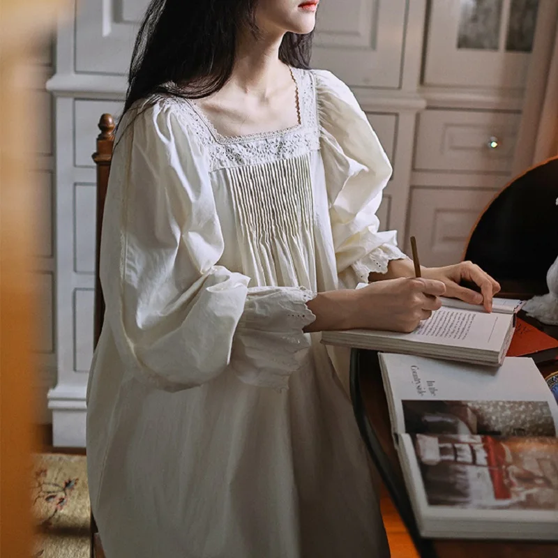 Vintage Soft Cotton Beige Long Nightgowns For Women Long Sleeve Elegant Nightshirts Comfortable Loose Sweet Night Dress