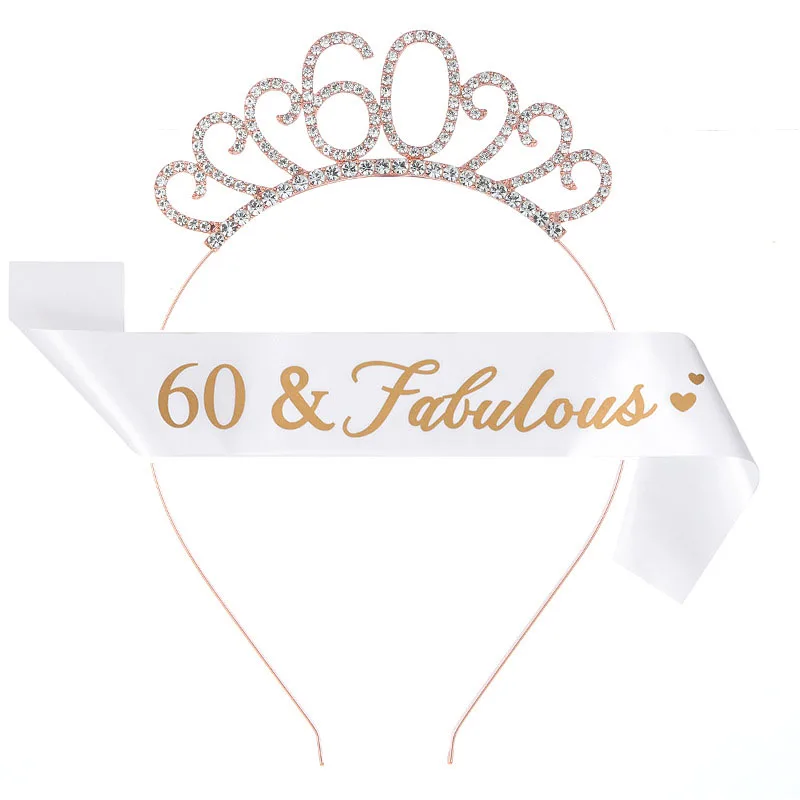 

White Birthday Sash Tiaras Women Fabulous 30 40 50 60 70th Sashes Shoulder Strap +Rose Gold Headband Girl Anniversary Decoration