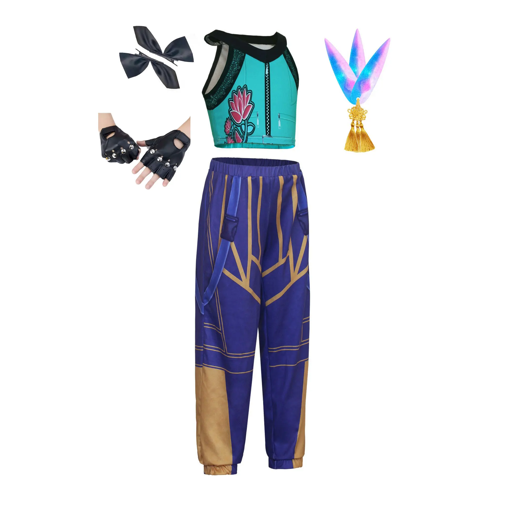 Image of Mädchen-Sänger-Band-Auftrittsuniform, Tanzkostüm, 2-teilig, ärmellose Weste mit Lotus-Print, Hose mit elastischem Bund, 80er-Jahre-Streetwear-Outfit