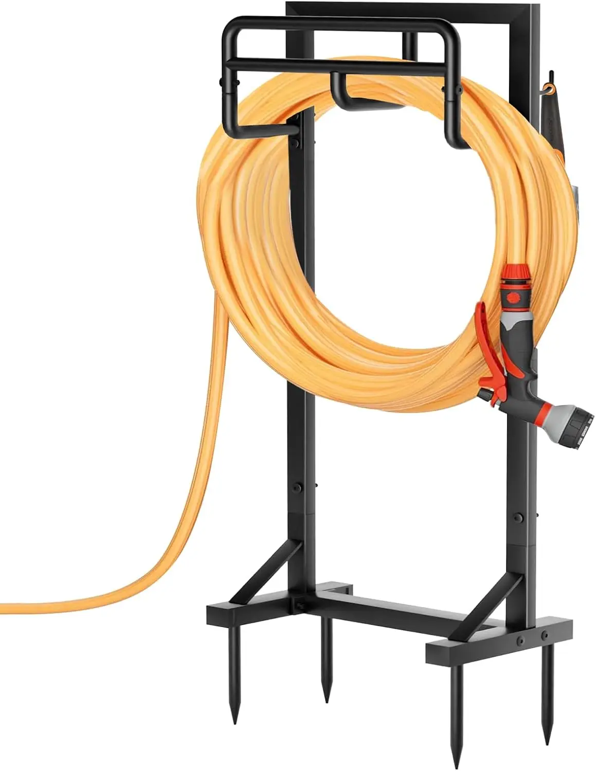 

Heavy-Duty Metal Garden Hose Holder with Stable Base and Tool Hooks, Rustproof Freestanding Storage for Outside Yard Lawn, Black