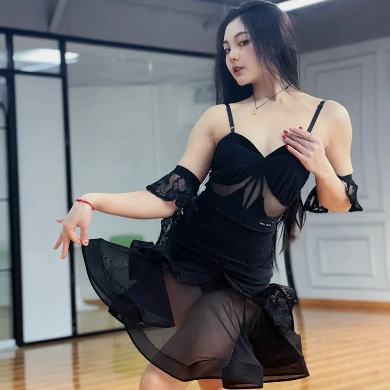 

Latin Dance Dress For Women Rumba Cha Cha Dance Performance Clothes Black Dress Tops Skirt Club Prom Adult Dancewear DNV20179