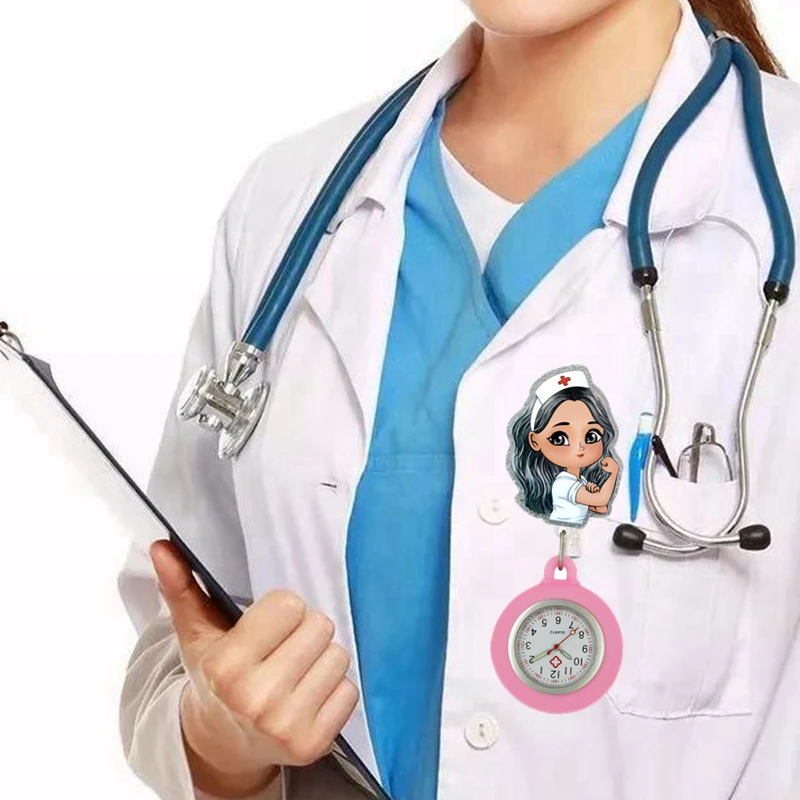 Cartoon Female Women Nurse Doctor Hospital Medical Workers Health Care Badge Reel FOB Pocket Watches Clip Hanging Clock