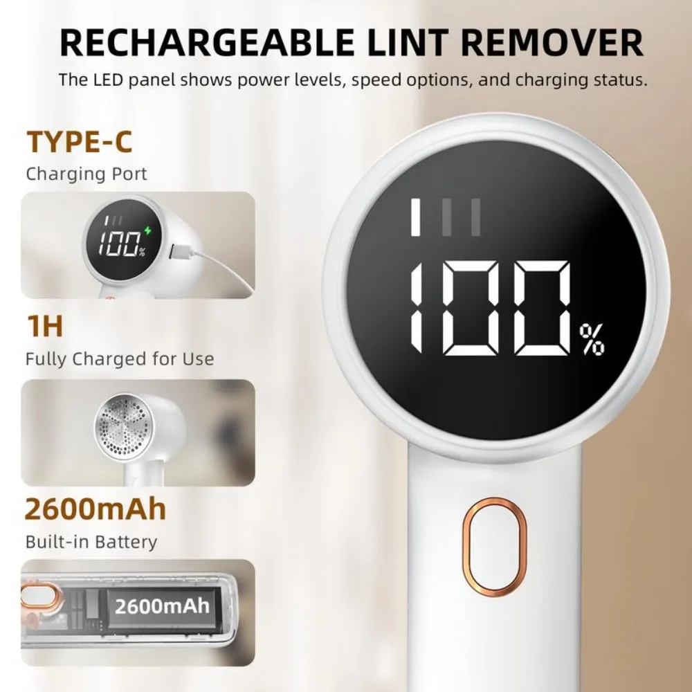 Removedor de Lint recarregável, Lint Roller, Lint Colecção Container, Display Digital LED, Lâminas de 6 folhas, Trava de segurança, 3-velocidades, 2600mAh