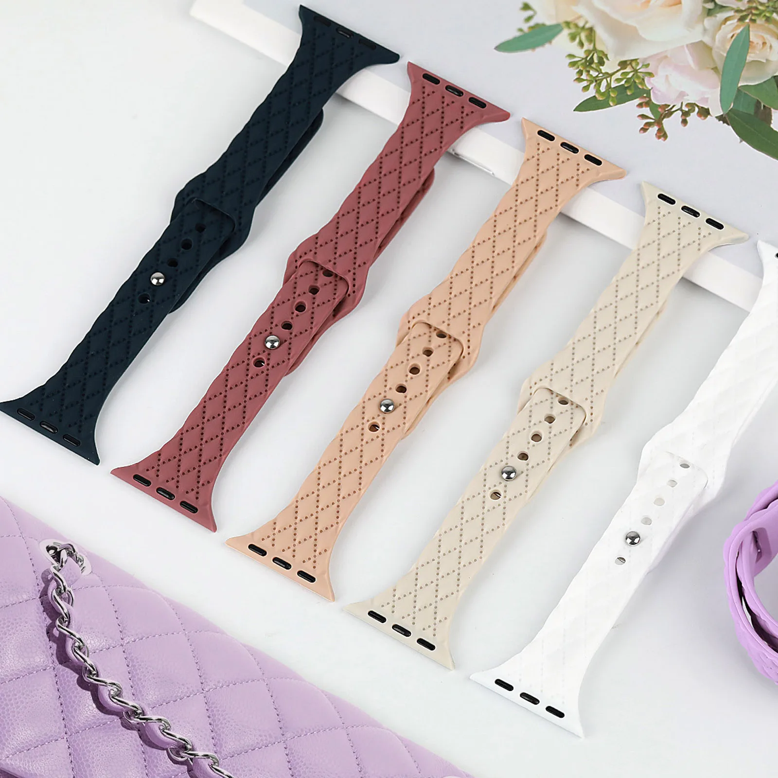 Slim Engraved Silicone Strap for Apple watch band 40mm 41mm 45mm 44mm 38mm 49mm bracelet iwatch Series 9 8 7 6 5 4 3 SE Ultra 2