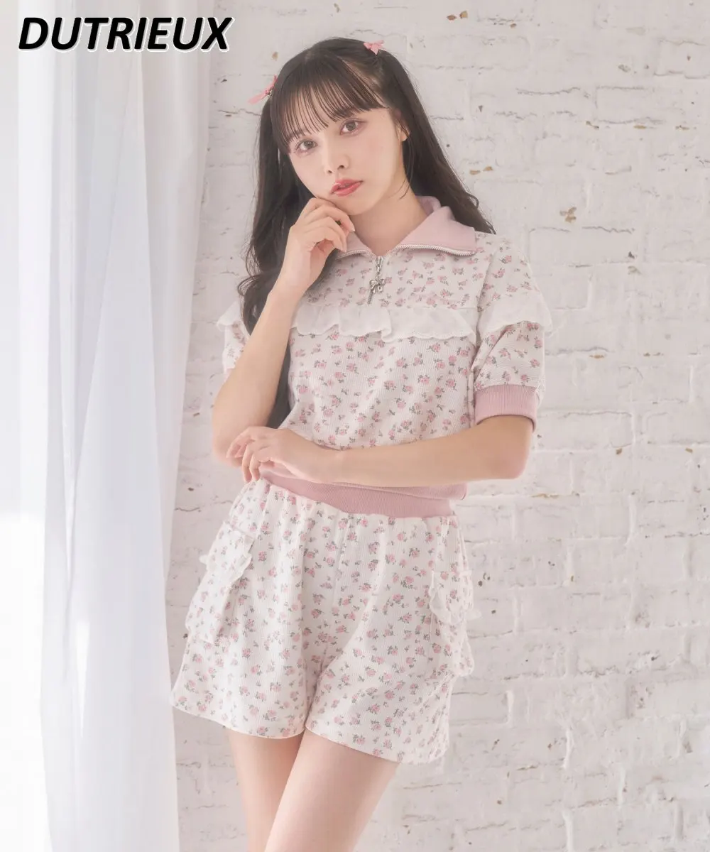 

Japanese Style Sweet Floral Ruffled Top Short Sleeve Lapel T-shirt and High Waist Shorts Girl Two Piece Set Womens Outfits