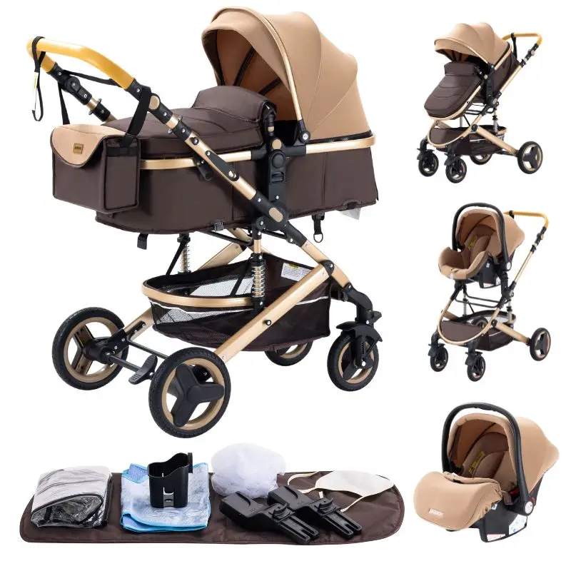 3-in-1 Babywandelwagen met autostoeltje en slaapmandje, lichtgewicht kinderwagen, multifunctionele babybuggy, compacte vouwwagen