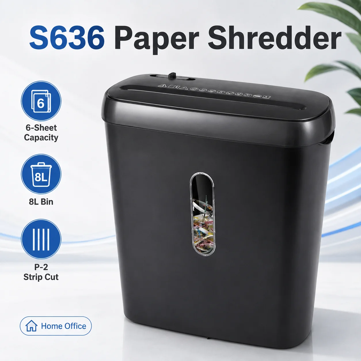 S636 6-Sheet Strip Cut Paper Shredder for Home Office, P-2 Security, 8L Bin, 70dB, Auto Feed & Reverse