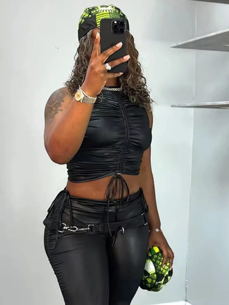 

Nibber Hip-Hop Style 2 Piece Set Woman Drawstring Decoration PU Leather o-Neck Navel Exposed Tank Tops+Skinny Long Pants Outfits