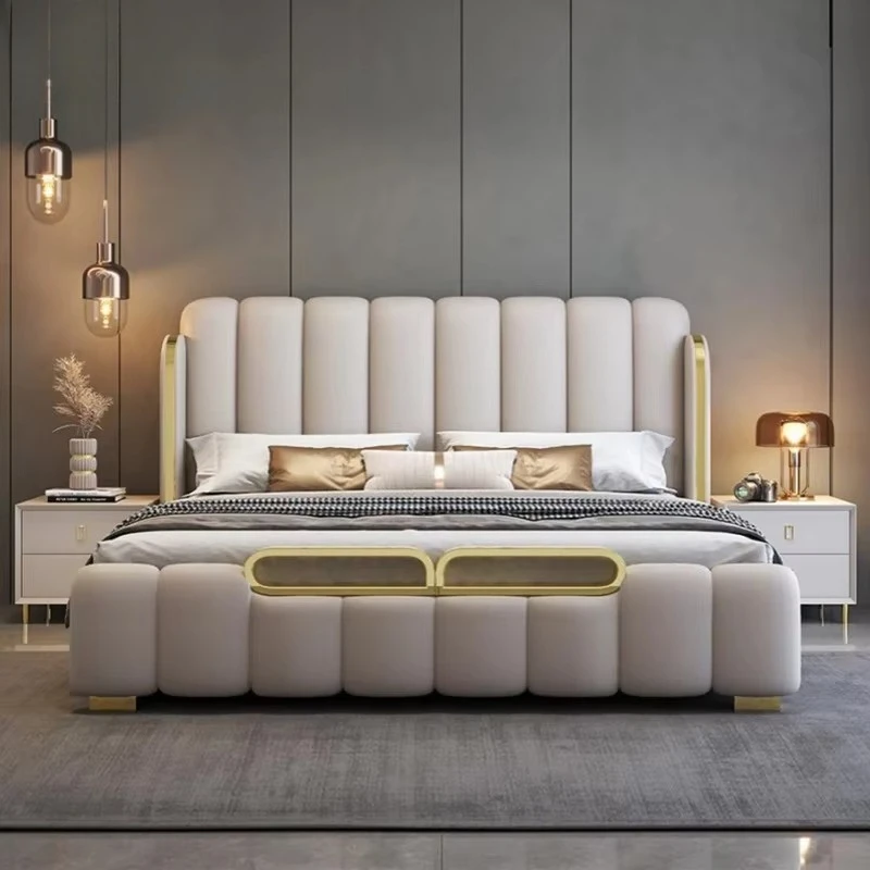 

Home Bedroom Furniture Modern Design Bed with Stainless Steel Foot Wholesale Price Comfortable Leather Queen Size Bed for Girls