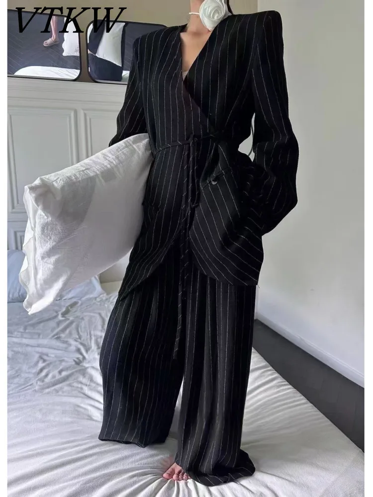 

VTKW Women's V-neck Blaezr Linen High-quality Striped Design, Lace Up WaistLoose Straight Leg Pants Fashion Set2025Two-piece Set