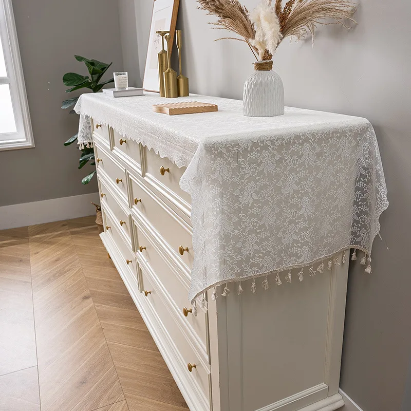 Modern White Lace Tassel Table Runner TV Cabinet Cover Sofa Scarf Dining Table Cloth Shoe Cabinet Decorative Dust Cover
