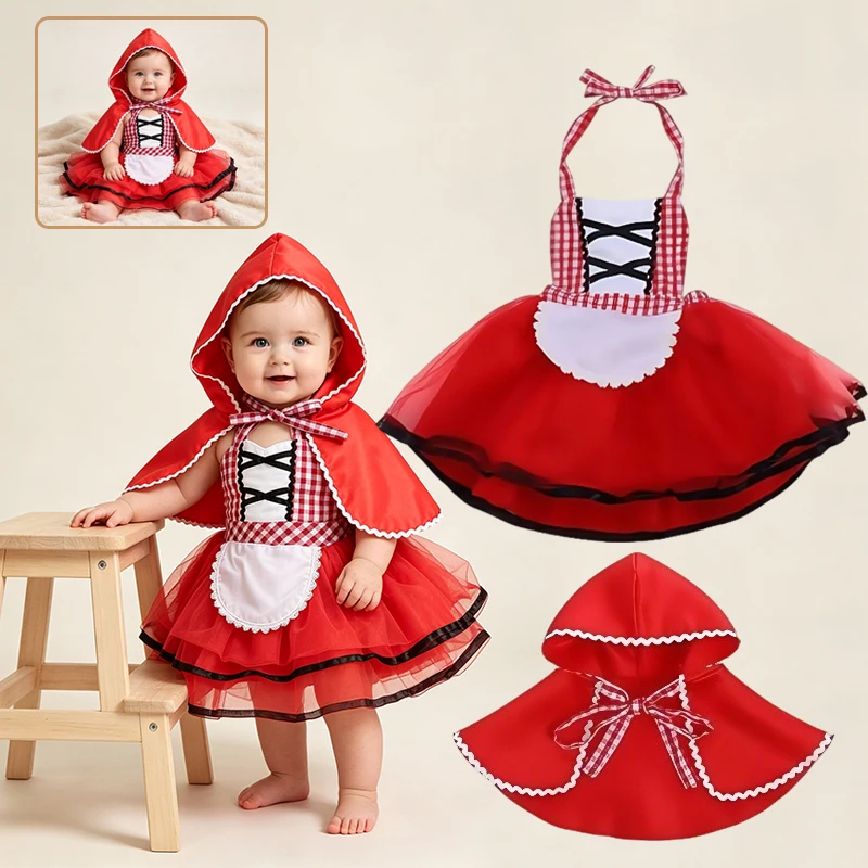 Kids Fairy Tale Storybook Dress Girls Role Play Party Costume Hooded Cloak Red Plaid Lace Up Skirt Halloween Holiday Outfit