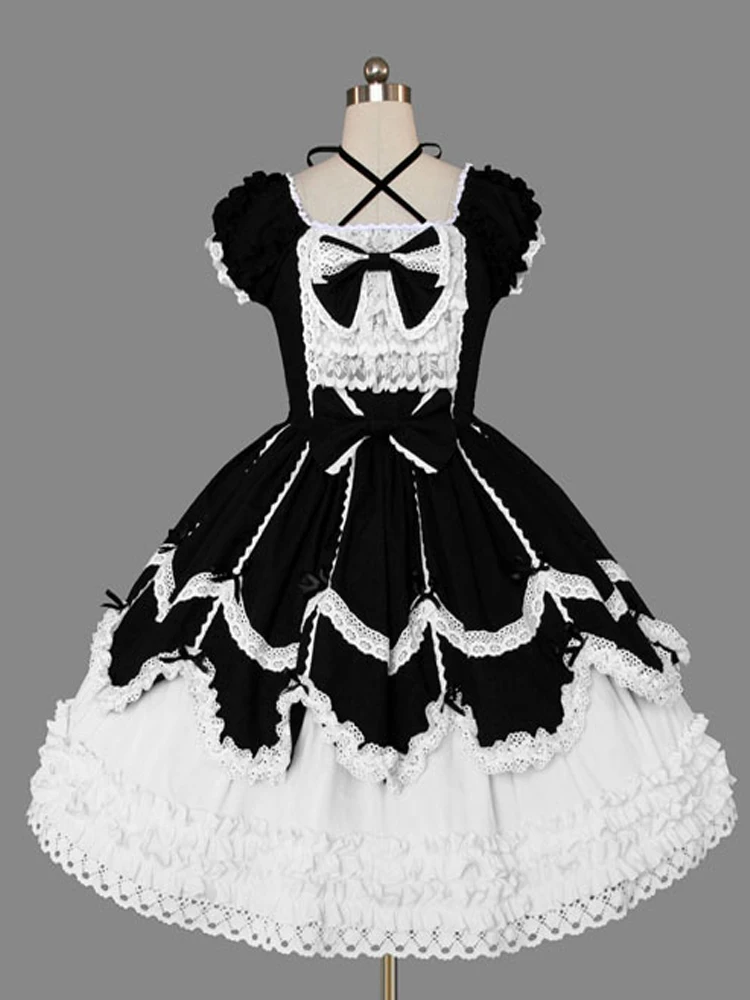 

Classical Lolita Dress Short Sleeve Layered Bows Lace Up Cotton Lolita One Piece Dress