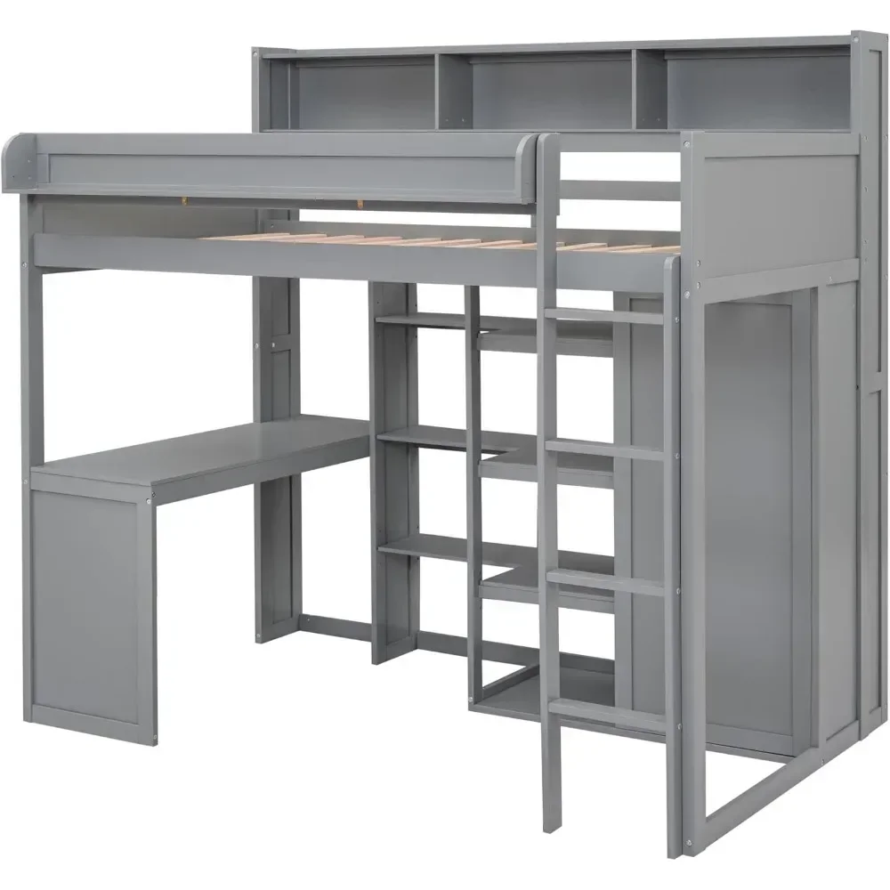 Bunk Beds Twin Loft Bed, Desk & Wardrobe, Solid Wood Loft Bed with Desk and Multiple Shelves, High Loft Bed Frame with Bookcase