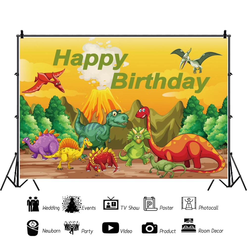 Happy Birthday Dinosaur Volcano Backdrop Baby Party Decor Photographic Photography Background Photo Studio Photocall Photozone