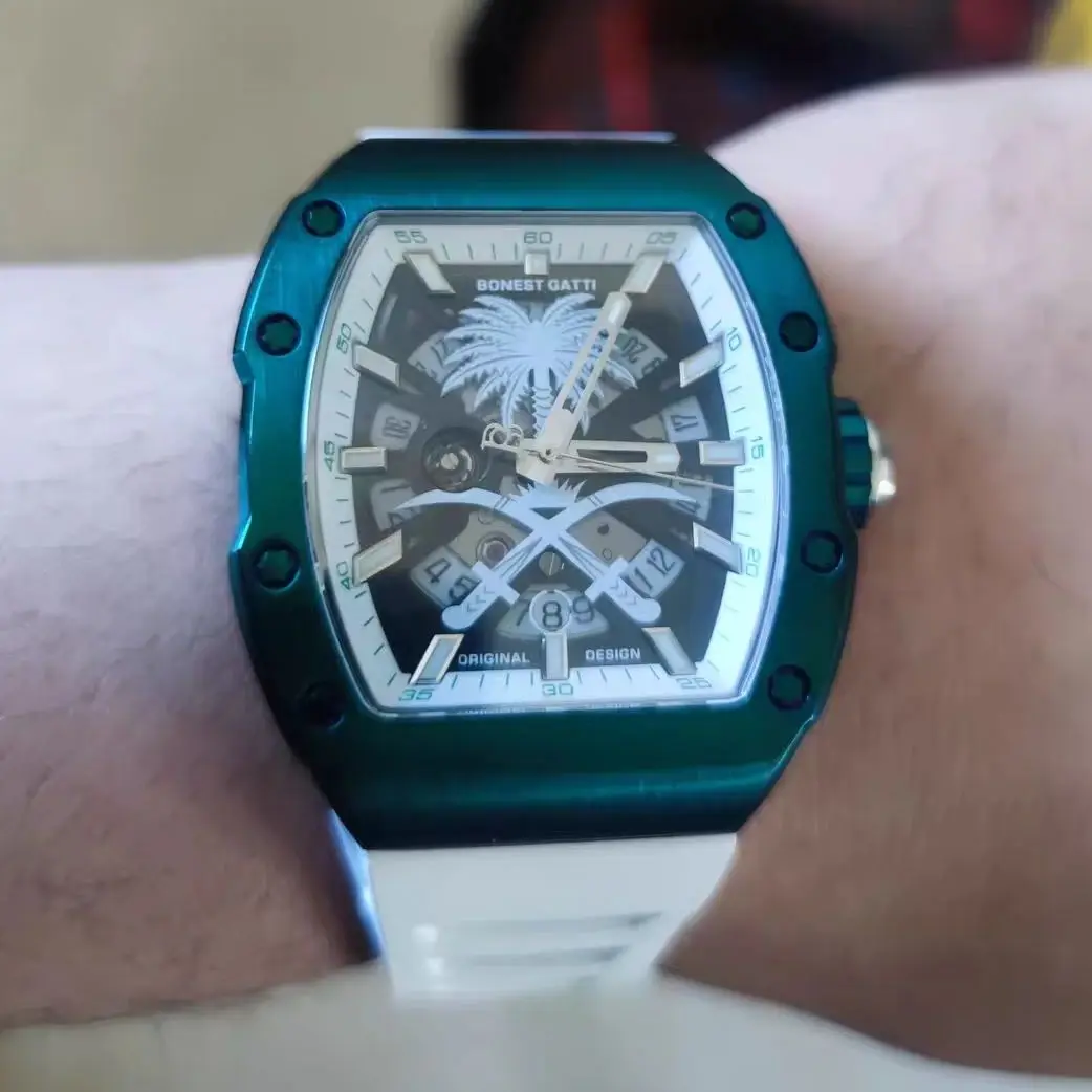 BONEST GATTI Men Automatic Watch 43mm Tonneau Mechanical Wristwatch Waterproof Luminous FKM Strap Middle East Coconut Tree Dial