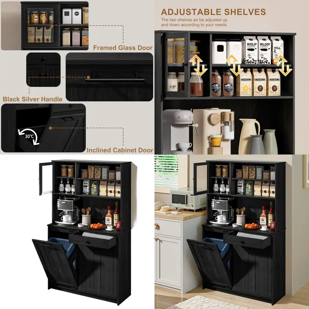 

Odor-Controlled Trash Cabinet, Kitchen Hutch with Microwave Shelf, 10-Gallon Black Kitchen Pantry