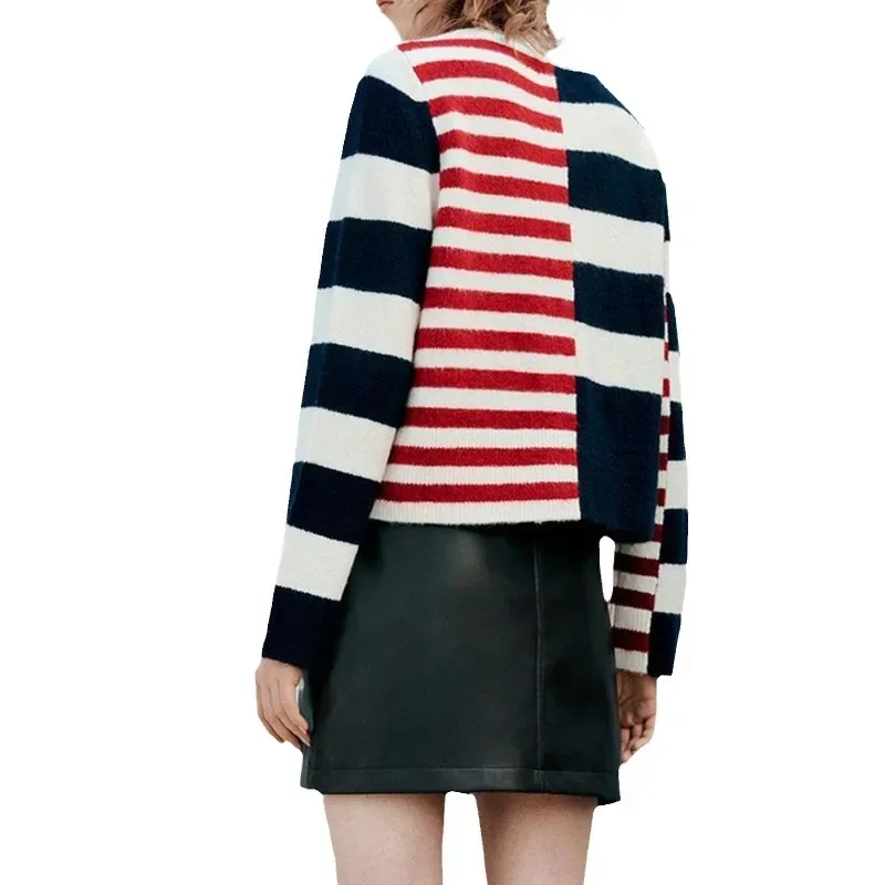 Japanese Knitted Sweater Retro College Wind Blue Red Contrast Stripe Round Neck Asymmetric Cardigan Small Fragrant Sweater Women