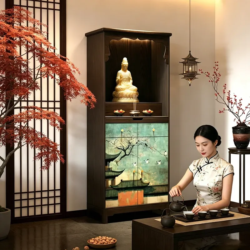 Song Style Zen Solid Wood Buddhist Niche Household Offering Cabinet Vertical Shrine Cabinet for Ancestral Tablets