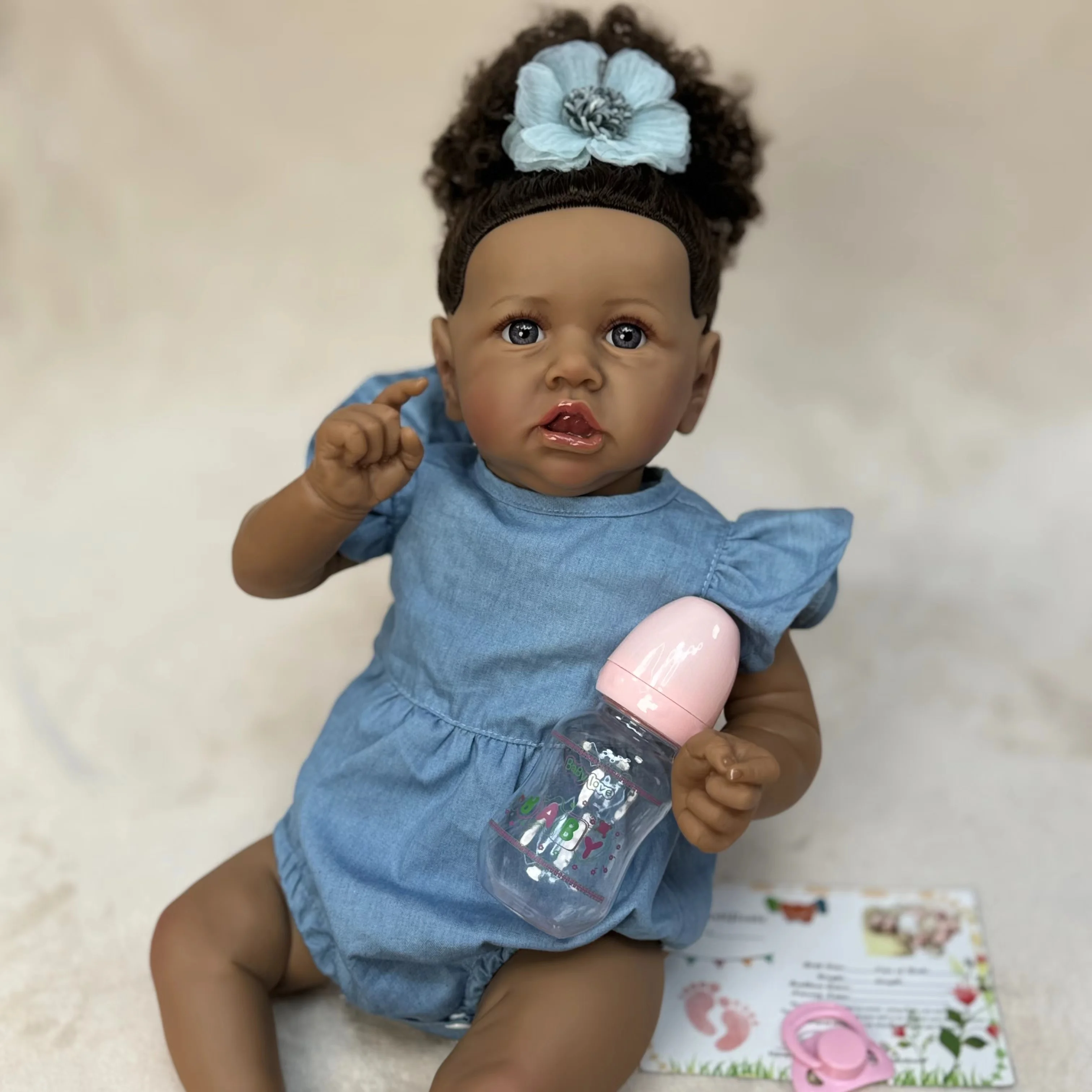 New 22 inch cloth body saskia, black-skinned reborn girl doll with curly hair, handcrafted newborn, exquisite gift for children