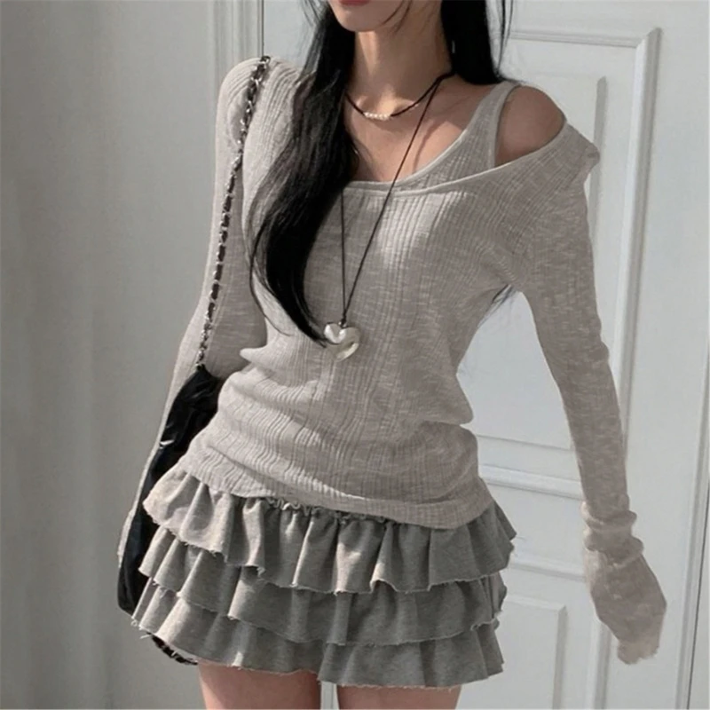 Women Long Sleeve T-Shirt and Tank Top Ribbed Knit Cold Shoulder Fitted Sweater Girls Spring Autumn Solid Color Outfit Shirt