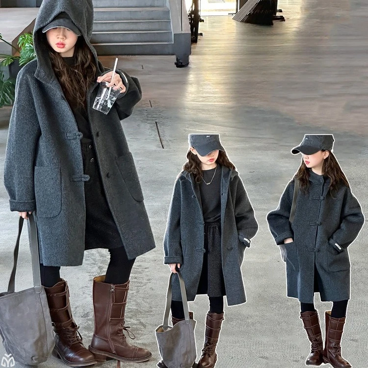 autumn winter teen girls woolen coat Korean gray junior kid hooded wool outerwear Warm windproof child jacket overall topcoat 14
