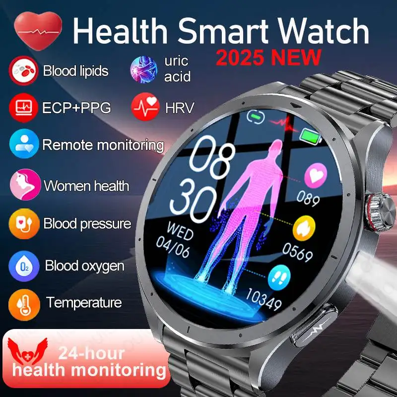 

2025New Micro Physical Examination Blood Lipids Uric Acid Blood Pressure Smart Watch Men ECG+PPG Watch Bluetooth Call Smartwatch