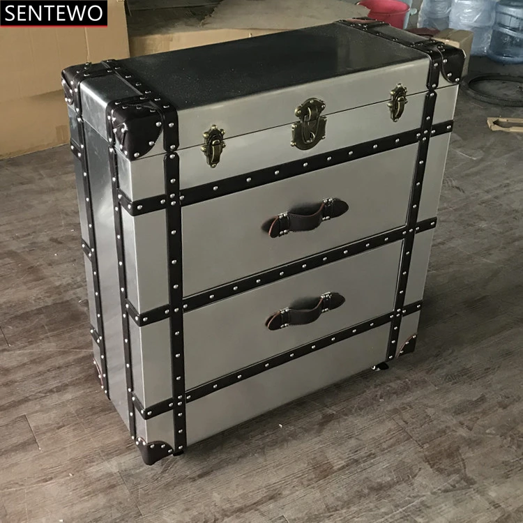 SENTEWO American Style Bucket Cabinet Vintage Loft Industrial Storage Cabinet Aluminum Leather Three Drawer Flip Top Sideboard