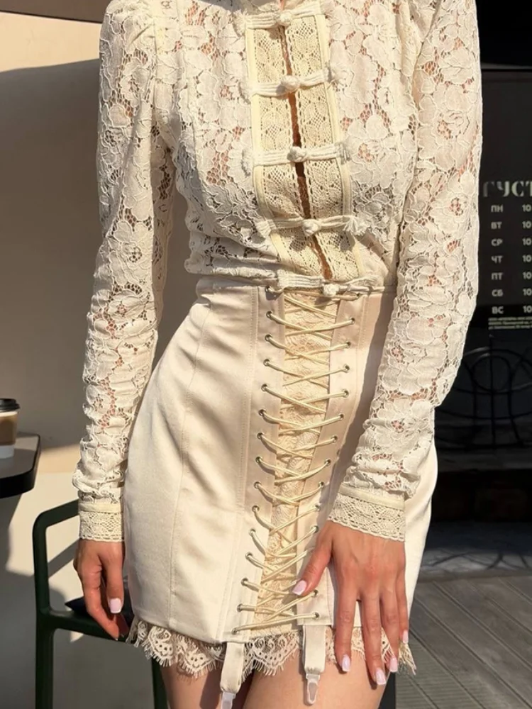 Y2K Lace Trim Hem Mini Skirt Women Retro High Waist Corset Short Bottom Garter Detail Front Lace Up Streetwear Party Club Outfit