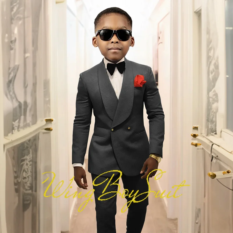 White Boys Wedding Tuxedo Kids Suit 2 Pieces Double Breasted Jacket Pants Floral Pattern Custom Clothes