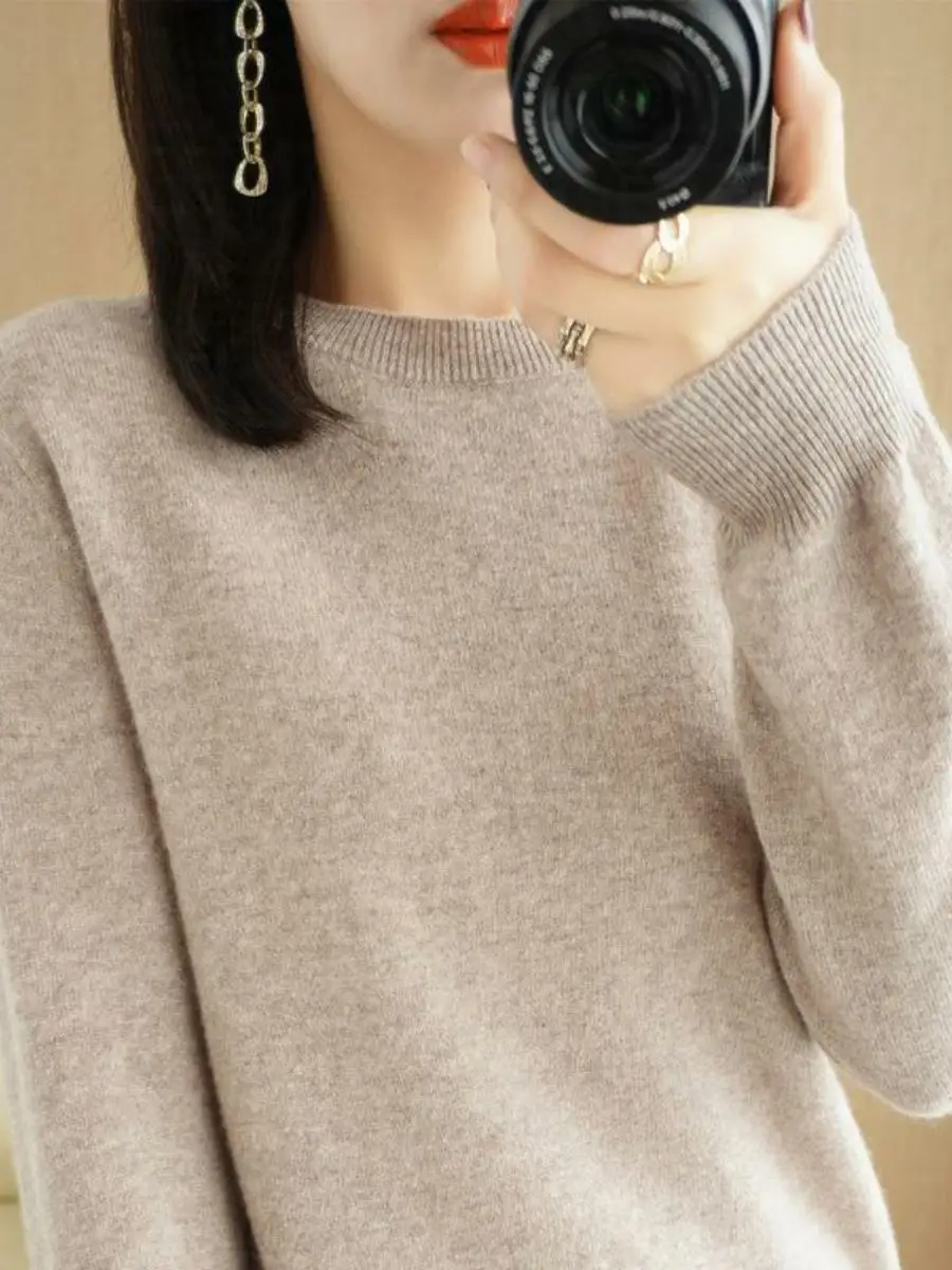 

Autumn Winter Women's round Ne Knitted Sweater Thin Long Sve Overhead ort Sle Base irt Pure Color Commute Faion
