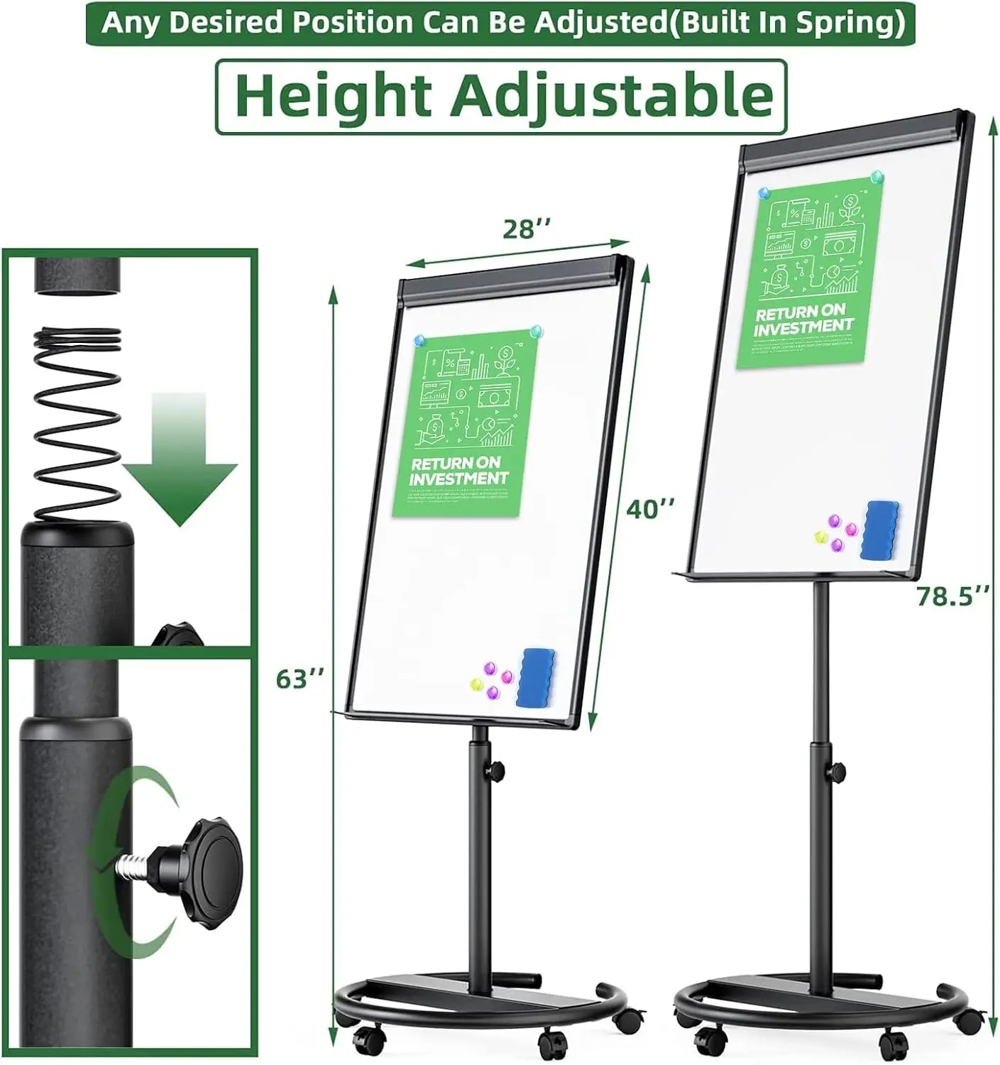 Pizarra móvil de borrado en seco, pizarra magnética con soporte de 40x28 pulgadas, altura ajustable, caballete giratorio, Soporte rodante móvil blanco