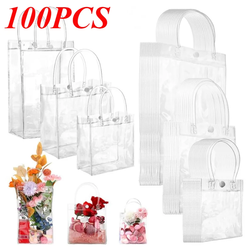 Borsa Tote in plastica PVC trasparente riutilizzabile da 100 pezzi con manico trasparente bella borsa regalo per sacchetti di imballaggio di