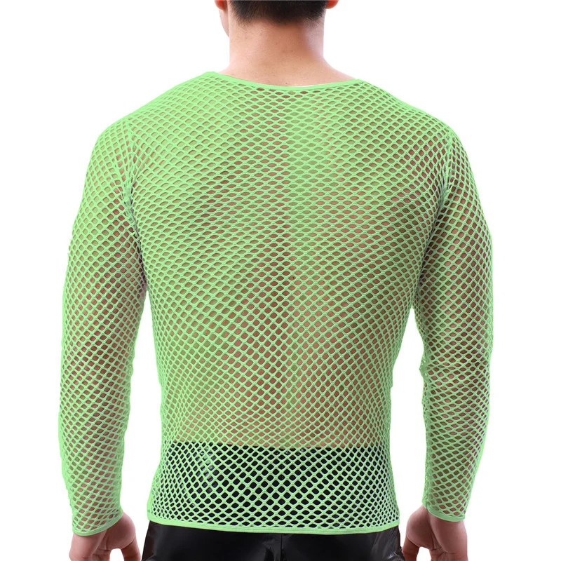 Sexy Mens Undershirts Fishnet Mesh Shirt Transparent Long Sleeve T-shirts Fitness Sport Tops See Through Underwear Men Clothes