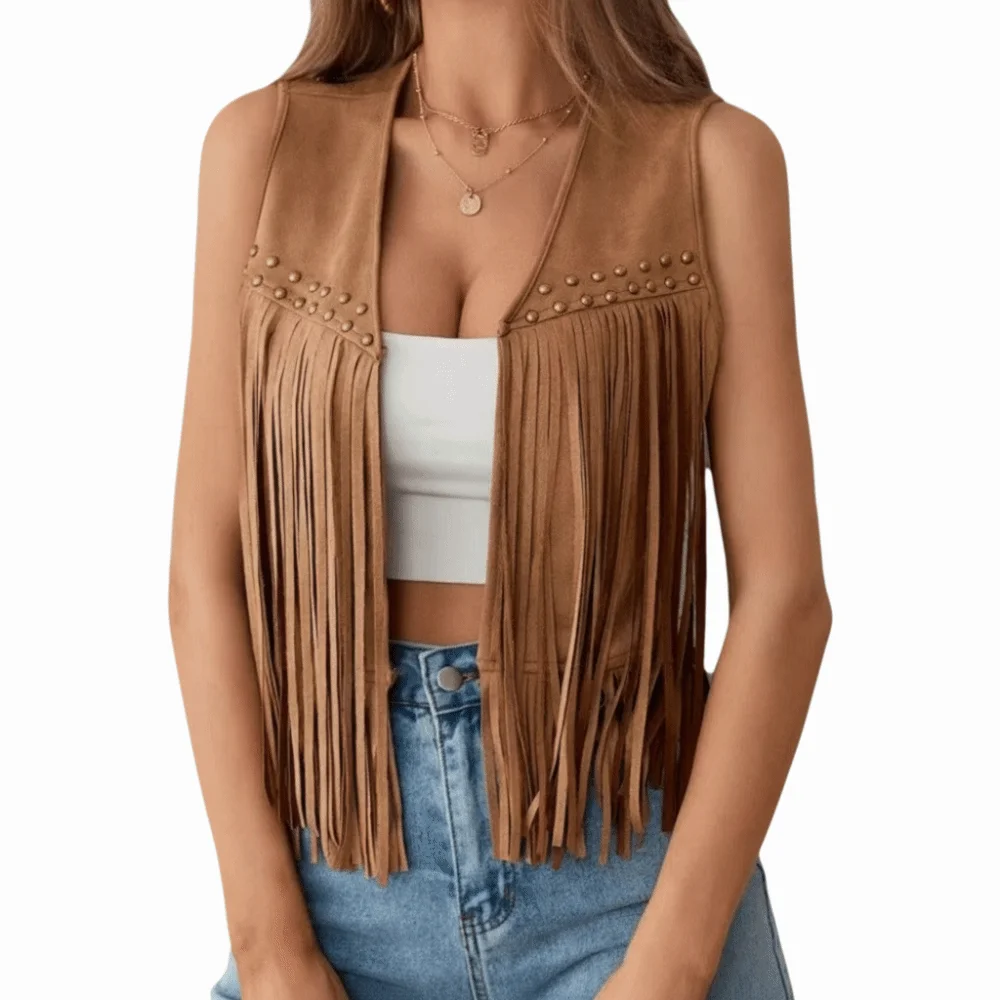 

Fashionable Retro Fringed Vest Black/Brown Open Front Suede Vest Rivet Detailing Western Jacket for Women