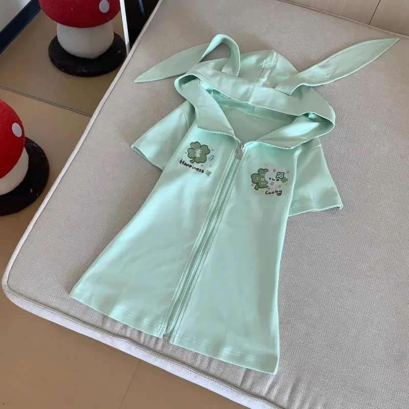 المرأة الأرنب الأذن هوديي لطيف أنيمي البلوز الصيف سليم صالح Kawaii طويلة الأكمام القصيرة البلوز ملابس الشارع الشهير Y2K القمم جديد #6