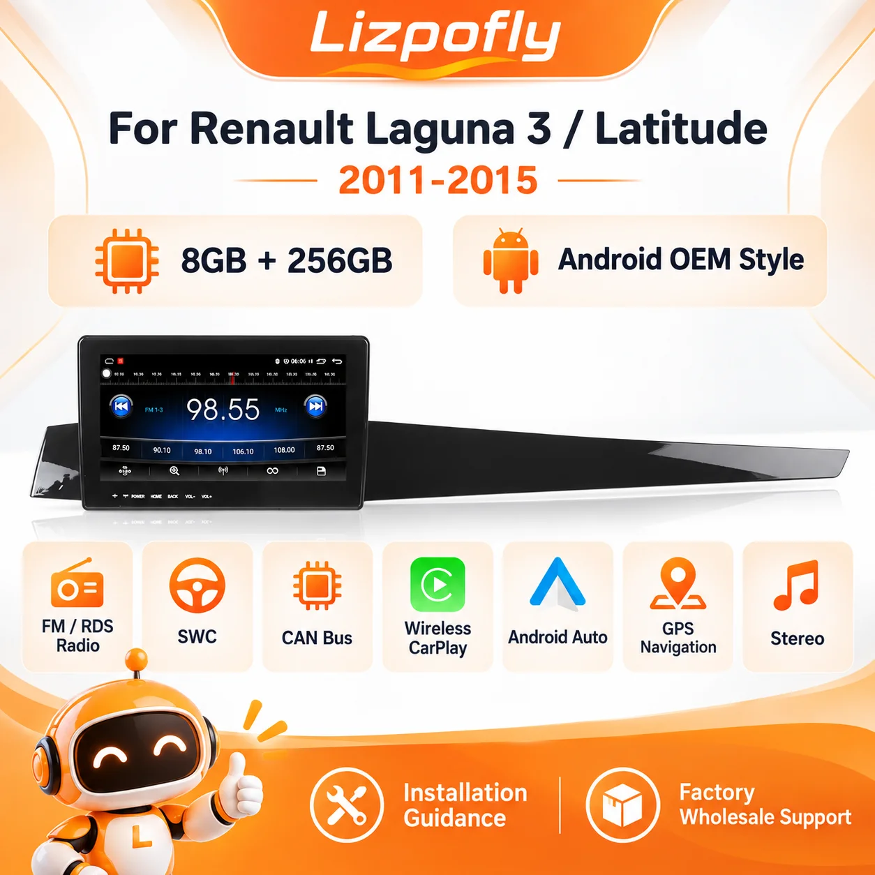 Lizpofly for Renault Laguna 3 Latitude 2011-2015 8+256G FM AM RDS Radio Wireless CarPlay Android Auto GPS Nav DSP Car Stereo​