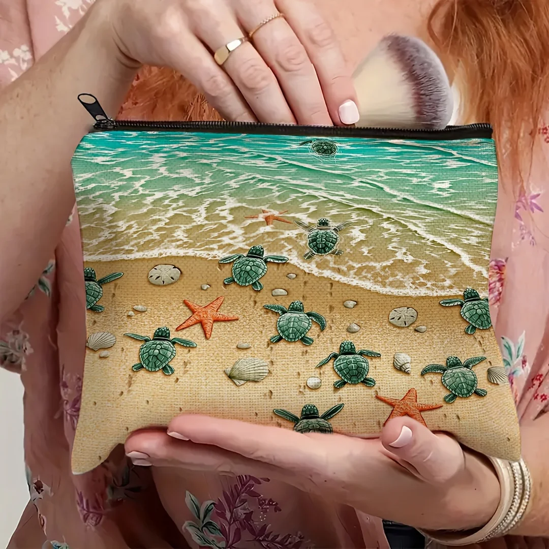 Vibrant Ocean-Inspired Cosmetic Bag - Spacious, Durable Polyester Makeup Pouch with Turtle & Star Design for Travel, Vacation