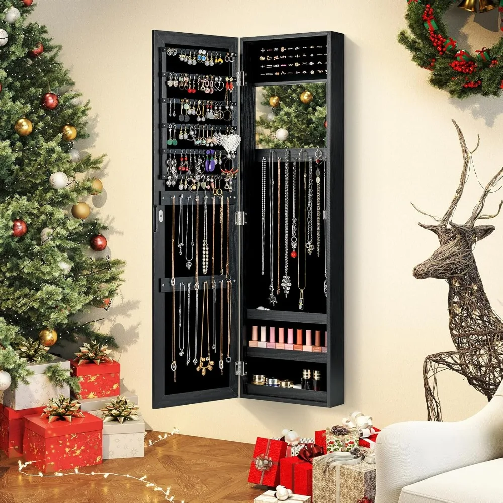 Wall Mounted Jewelry Cabinet with Full Length Mirror Over The Door Jewelry Armoire Organizer Large Storage Makeup Mirror Velvet