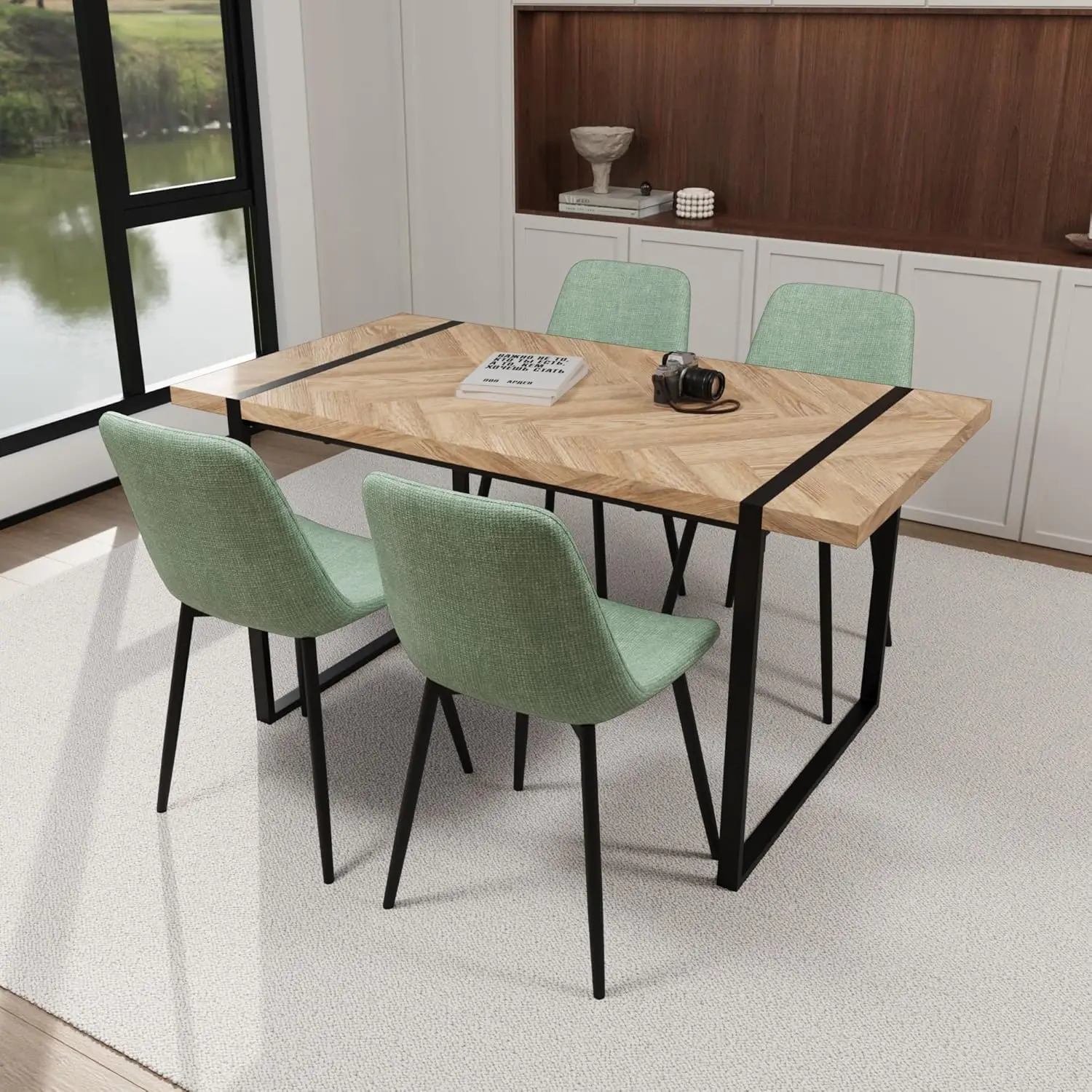 59"" Mdf Light Wood Dining Table Set, Modern Dining Chairs W/Suede Upholstery, Rectangular Metal Base, Farmhouse Kitchen