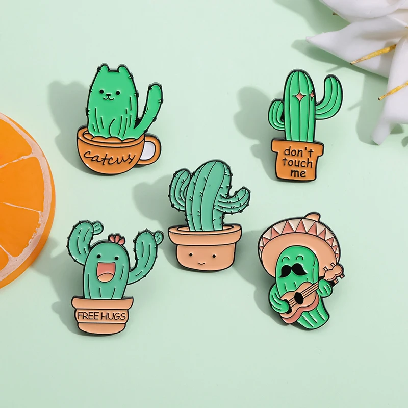 Funny Cute Cactus Enamel Pins Prickly Cactus Cat Brooches Lapel Badge Accessories Small Cartoon Jewelry Pin for Backpack Clothes