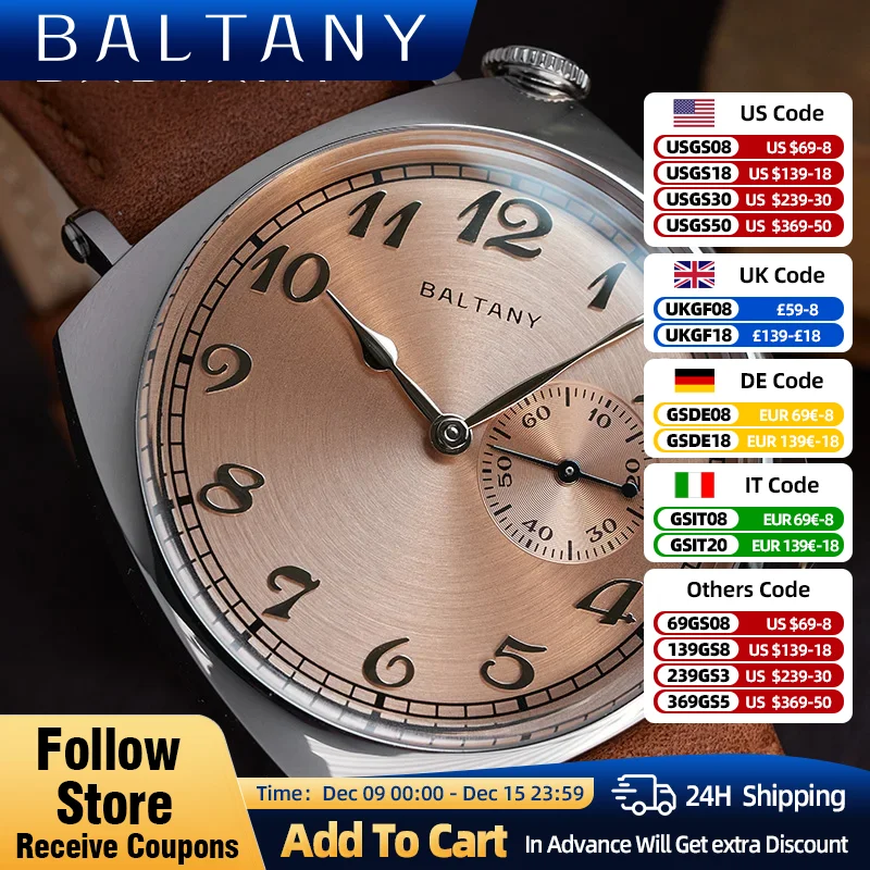 Baltany 1921 Homage American legend Wristwatches Seagull ST1701 Sub-second Dial 34MM Vintage Square Stainless Steel Dress Watch