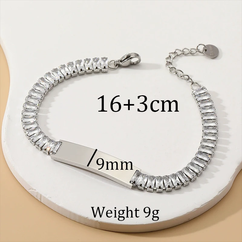Personalized Bling Zircon Bracelet Custom Engraved Name Date Shiny CZ Stone Wrist Chain For Women Stainless Steel Jewelry Gifts