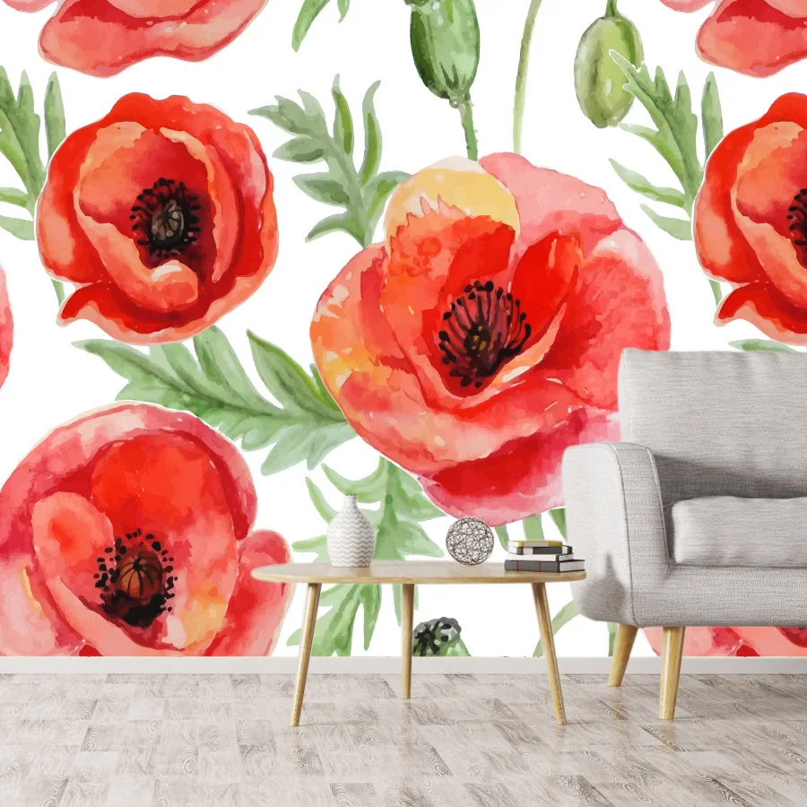 Custom Self Adhesive Accept Wallpapers for Living Room Desktop Walls Papers Home Decor TV Background Red Floral Painting Mural