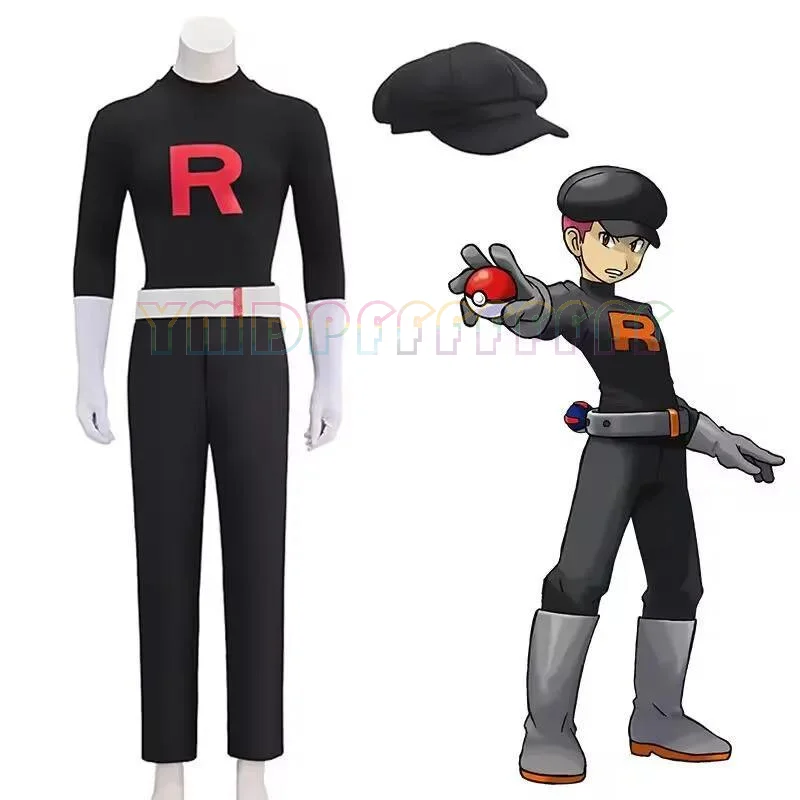 Neuartige Anime-Team-Rocket-Cosplay-Kostüme für Männer und Frauen in Schwarz, schwarze Uniformmützen, Halloween-Partykostüme, Osterkostüme – Detail 4