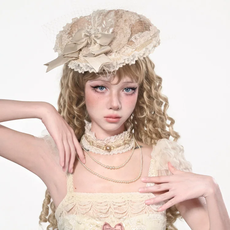 Broken Bone Original Design European Retro Elegant Lolita Sweet Sashes Lace Round Fedoras Halloween Mesh Hat