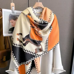 Autumn&Winter Imitation Cashmere Horse printing Carriage Wrap Women's New Versatile Warm Shawl Thick Fashion Tassels Scarf